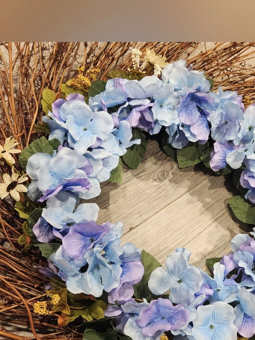 Handmade Summer Blue Hydrangea Grapevine Wreath Rustic Farmhouse Door Decor